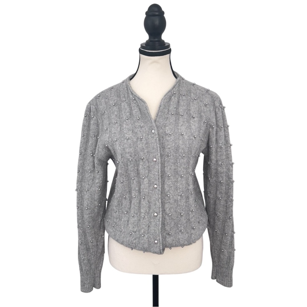 Yarnworks Grey Lambswool-Angora Cardigan Sweater Small Pearl Embellished